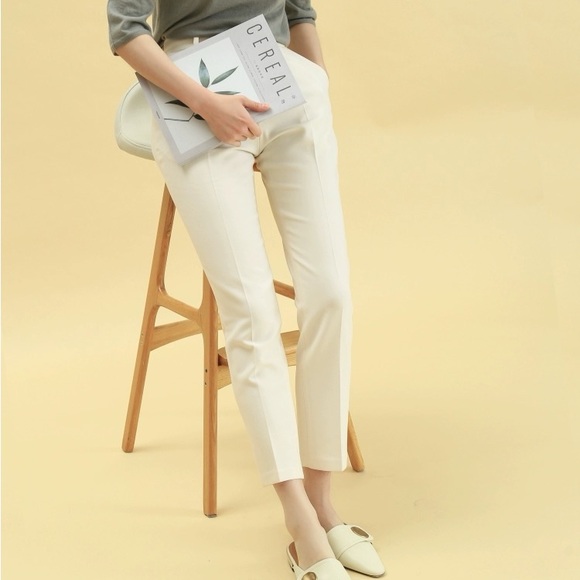 Flowy Nine-Tenths Length Slim Fit Trousers Spring Cigarette Pants in Off-White - Picture 1 of 16